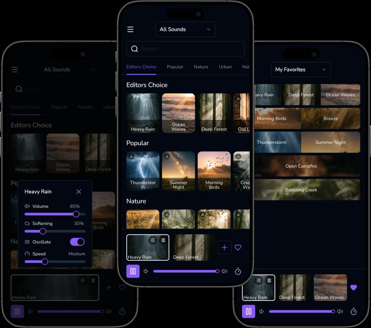 O app Driftly mostrando uma mixagem em camadas de chuva e floresta com a luz noturna ativa em um iPhone
