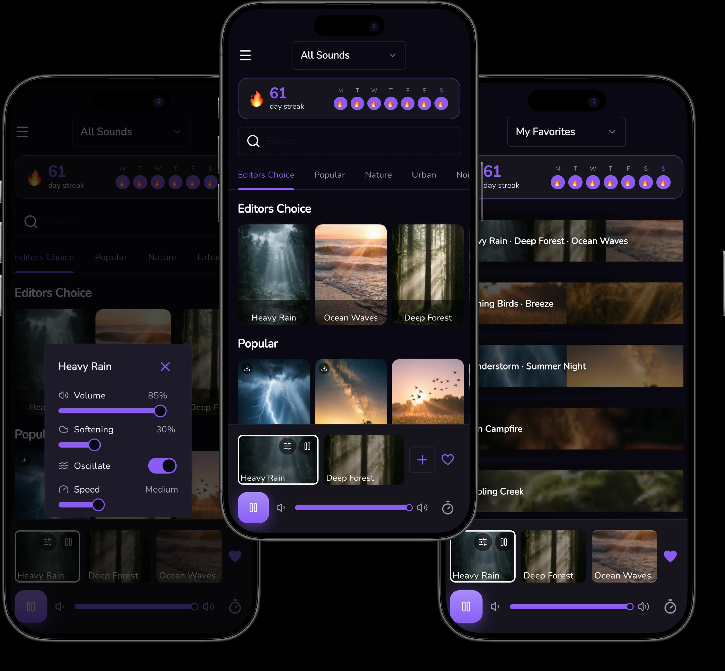 Driftly across three iPhone screens showing the sound library, rain and forest mixing controls, and saved favorite sound mixes